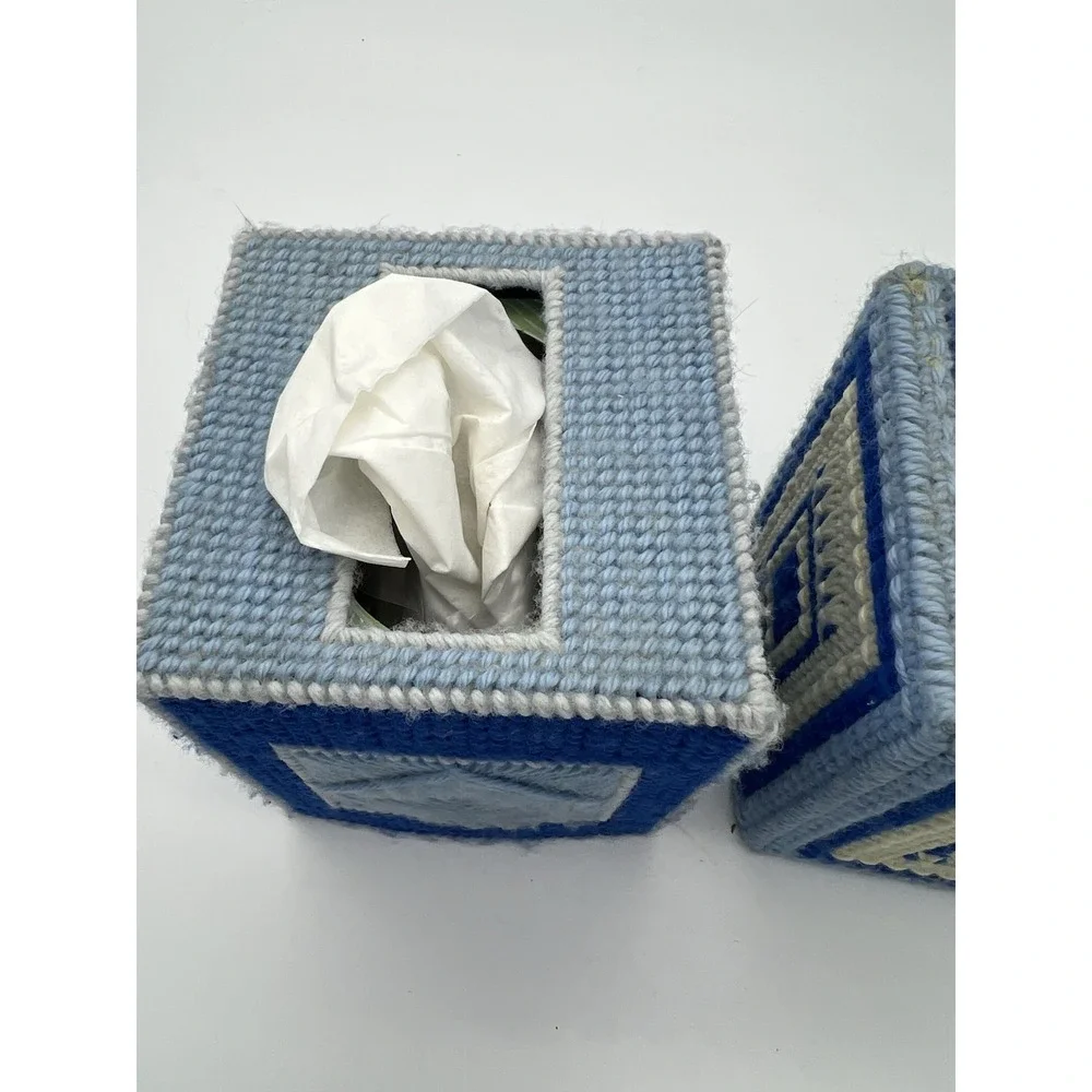 Vintage NEEDLEPOINT TISSUE BOX COVER LOT blue Finished Art MCM Grannycore decor